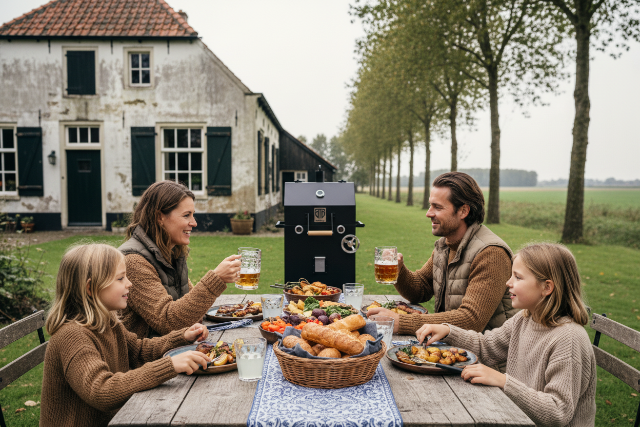 Gezin barbecue in de tuin bij boerderij. 