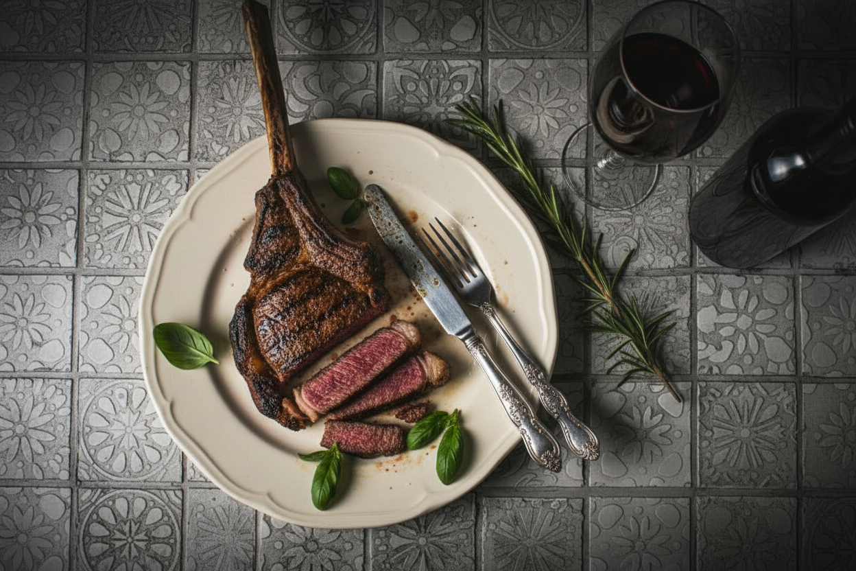 Tomahawk steak op bord met steakmes en rode wijn